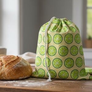 Lime Print Cotton Bread Bag, Reusable Sourdough Storage Farmhouse Citrus Kitchen